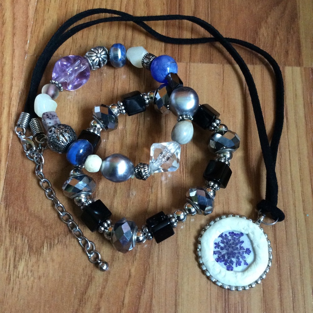 Purple Beaded Bracelet + Dried Flower Necklace Set